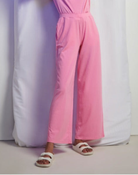 Pink Supima® flared pants with pockets, stylish and comfortable women's clothing.