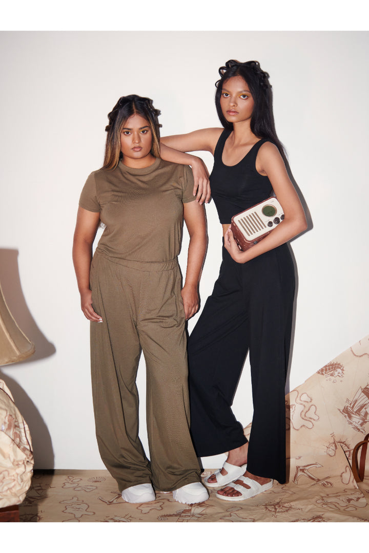 Olive Supima® T-Shirt styled with modern loungewear outfits.