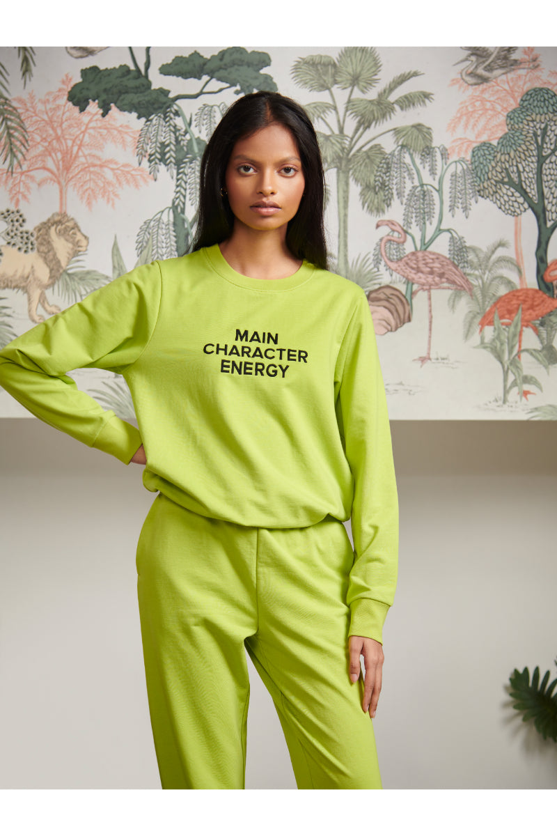Main Character Energy Bamboo Terry Jogger Set in vibrant green color.