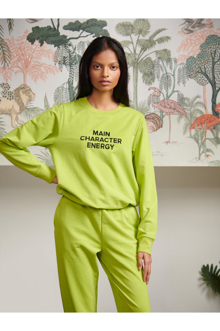 Main Character Energy Bamboo Terry Jogger Set in vibrant green color.