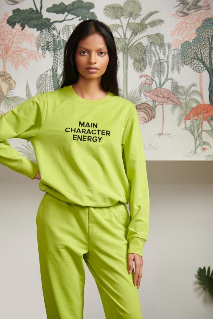 Main Character Energy Bamboo Terry Jogger Set in vibrant green color.