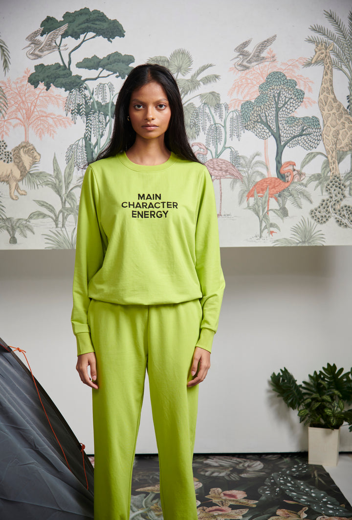 Main Character Energy Bamboo Terry Sweatshirt in vibrant green color.
