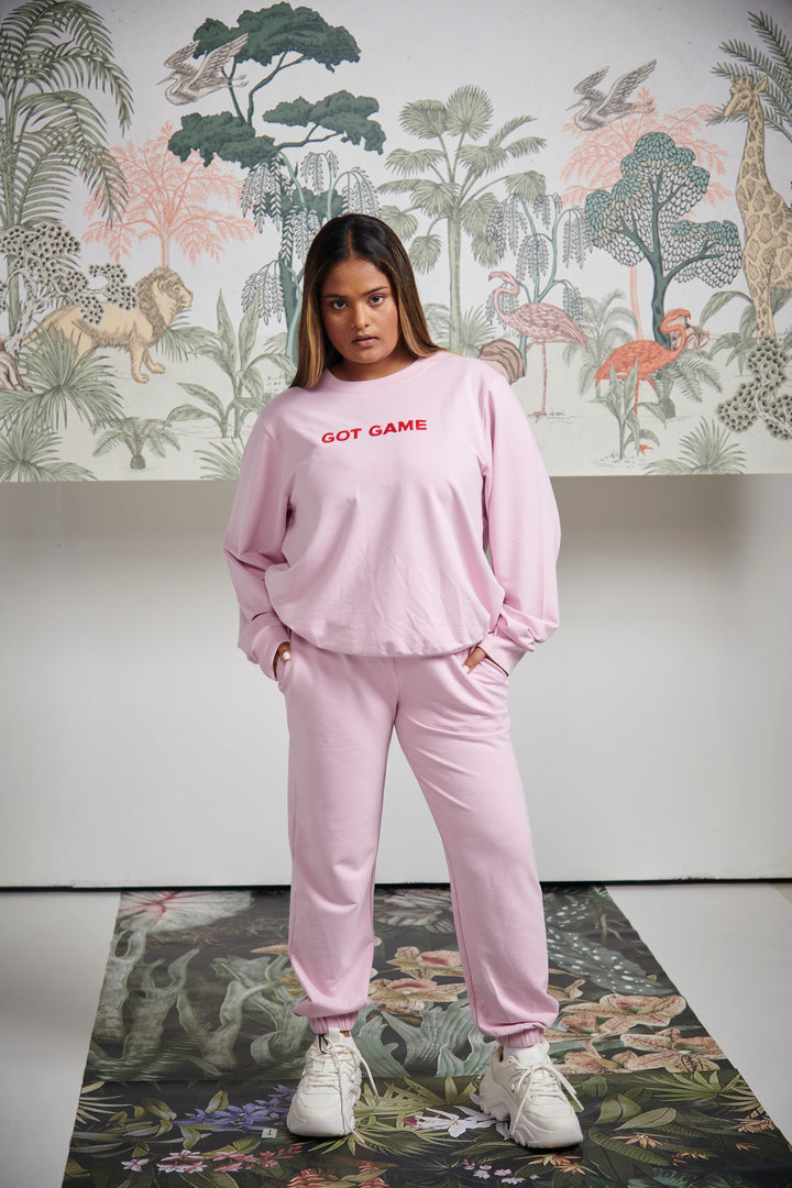 Got Game Bamboo Terry Sweatshirt in stylish pink with casual outfit.