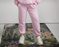 Bamboo Terry Pink Travel Joggers with pockets and elastic cuffs.