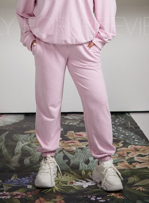 Pink bamboo terry jogger set with pockets and matching top.