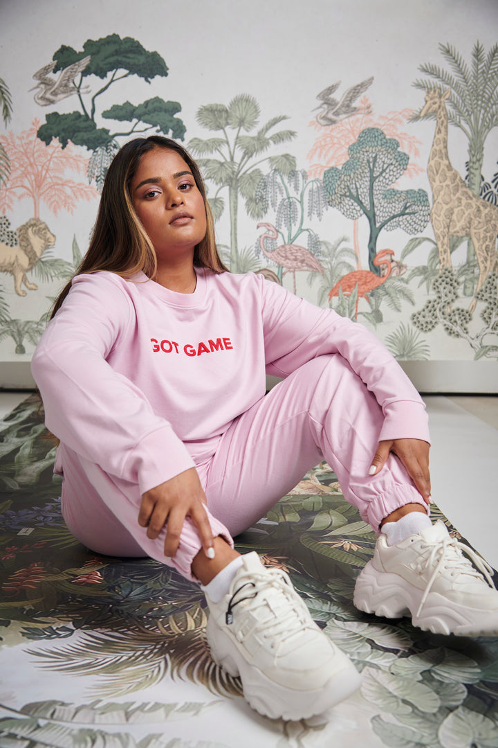 Got Game Bamboo Terry Sweatshirt in pink worn by model.
