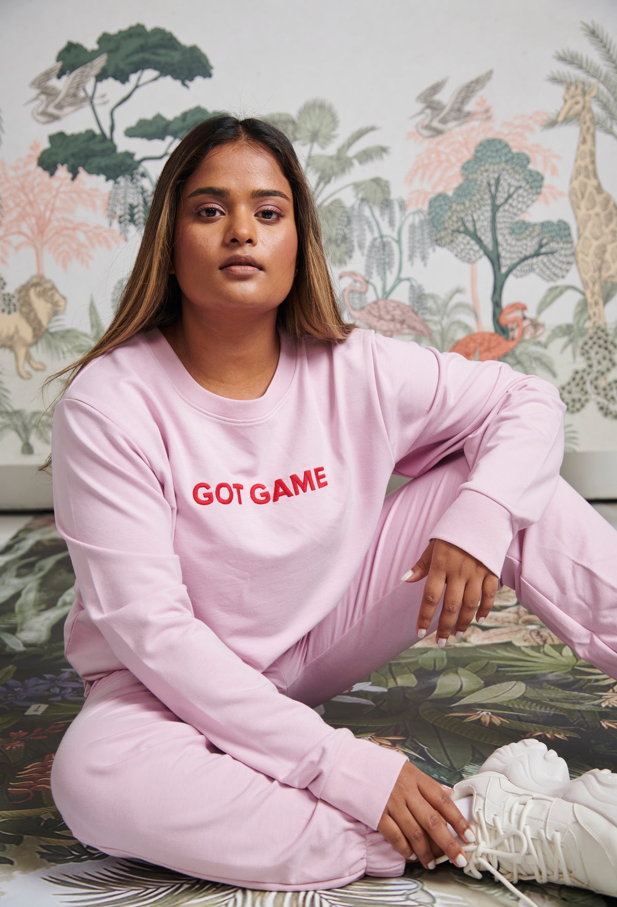 Got Game Bamboo Terry Sweatshirt in pink worn by a model.