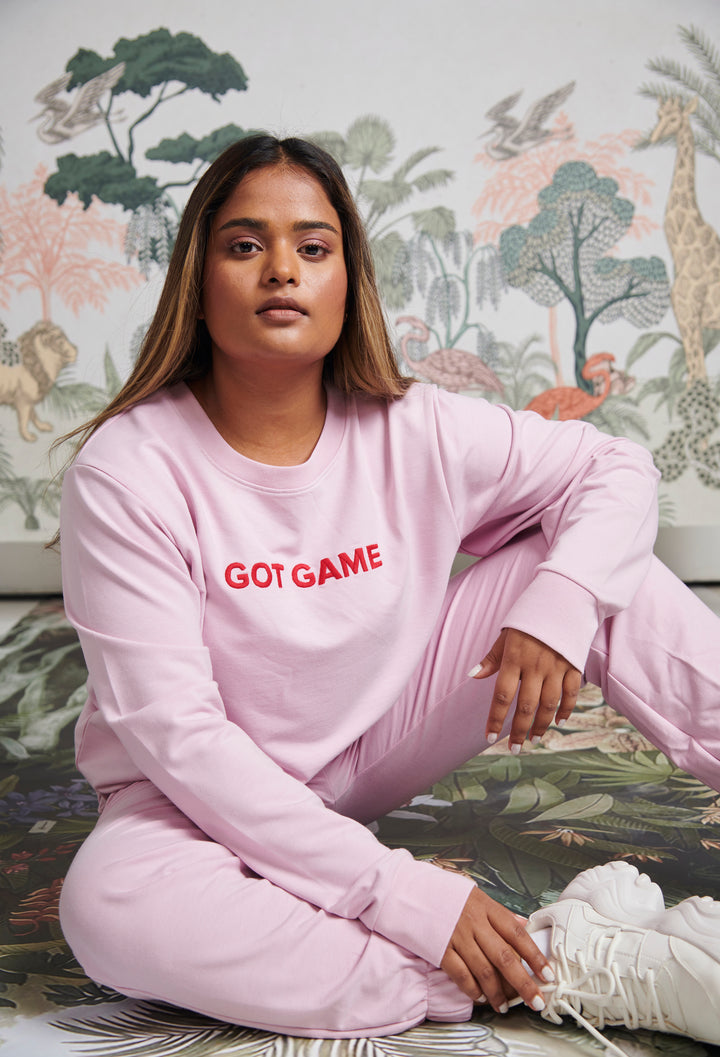 Got Game Bamboo Terry Sweatshirt in pink worn by a model.