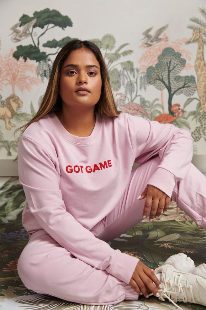 Got Game Bamboo Terry Sweatshirt in pastel pink on model.