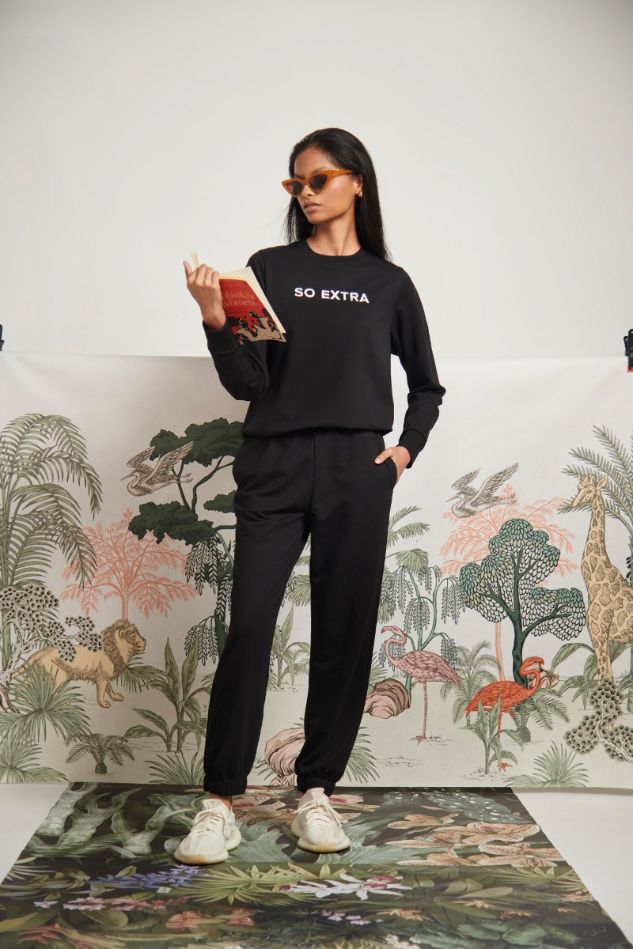 "So Extra Bamboo Terry Jogger Set model in stylish black outfit."