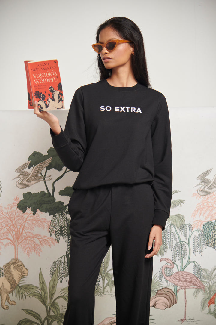 So Extra Bamboo Terry Sweatshirt worn by model with book.