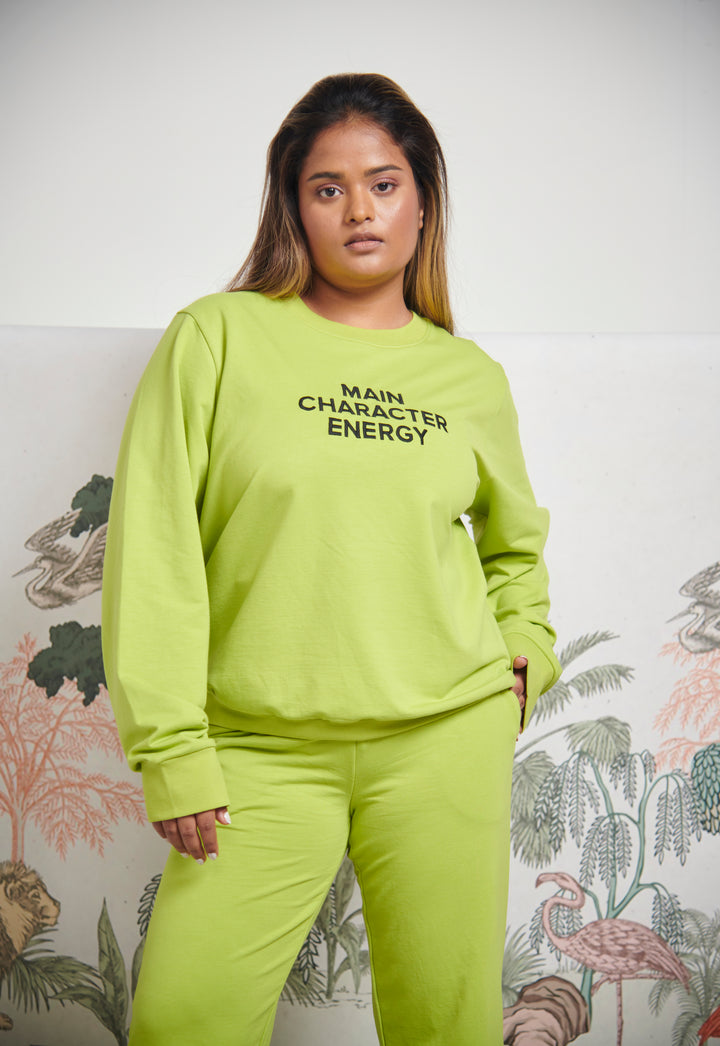Main Character Energy Bamboo Terry Sweatshirt in vibrant lime green.