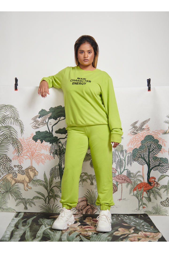 Main Character Energy Bamboo Terry Jogger Set in vibrant green color.
