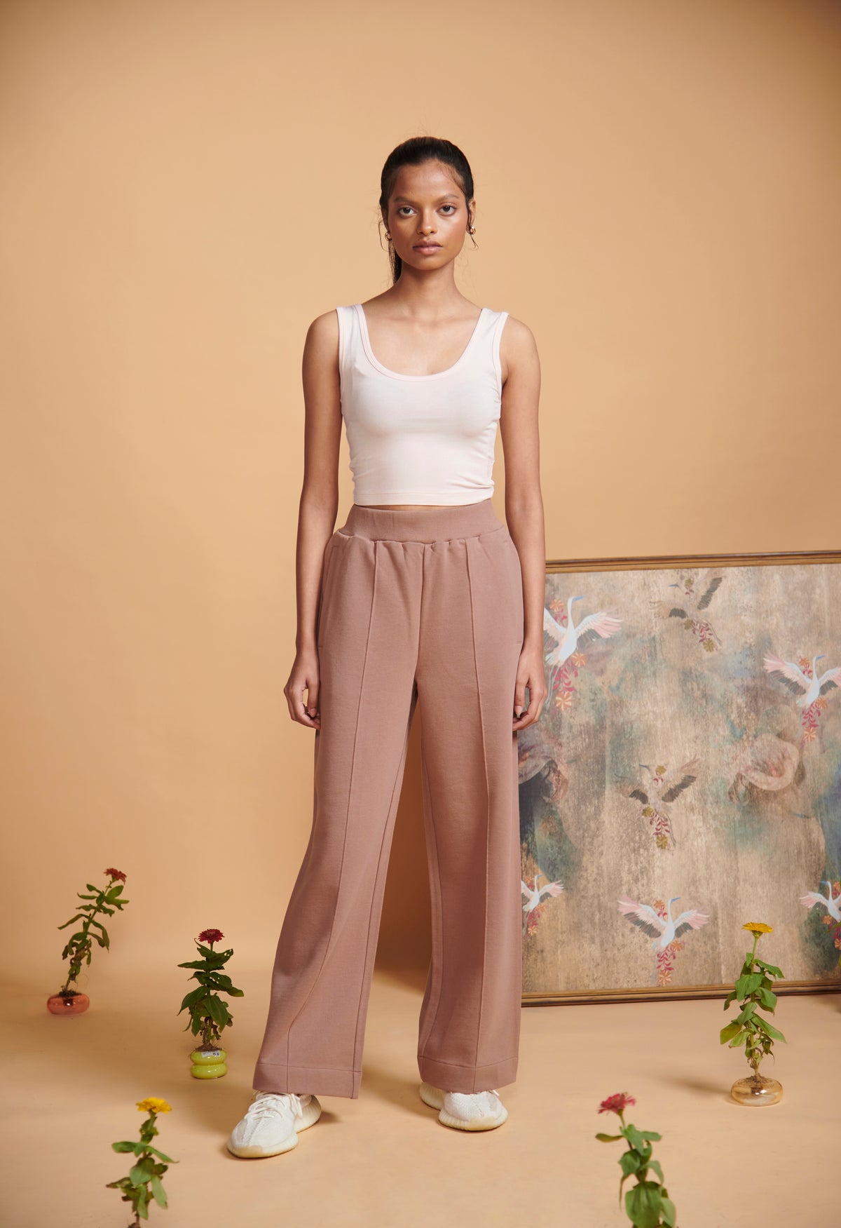Brown Terry High Waist Travel Pant styled with a white tank top.