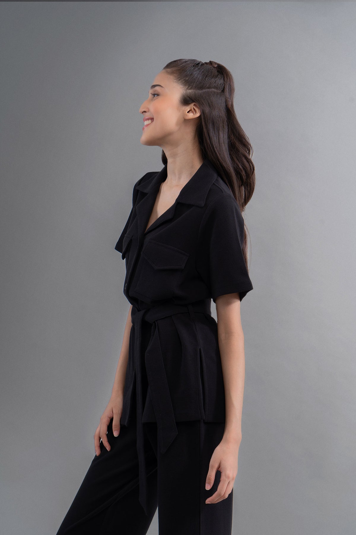 Model wearing Safari Lushknit® 2.0 Black Shirt, showcasing stylish design.
