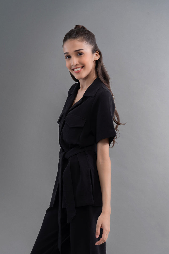 Model wearing Safari Lushknit® 2.0 Black Shirt, stylish and elegant.