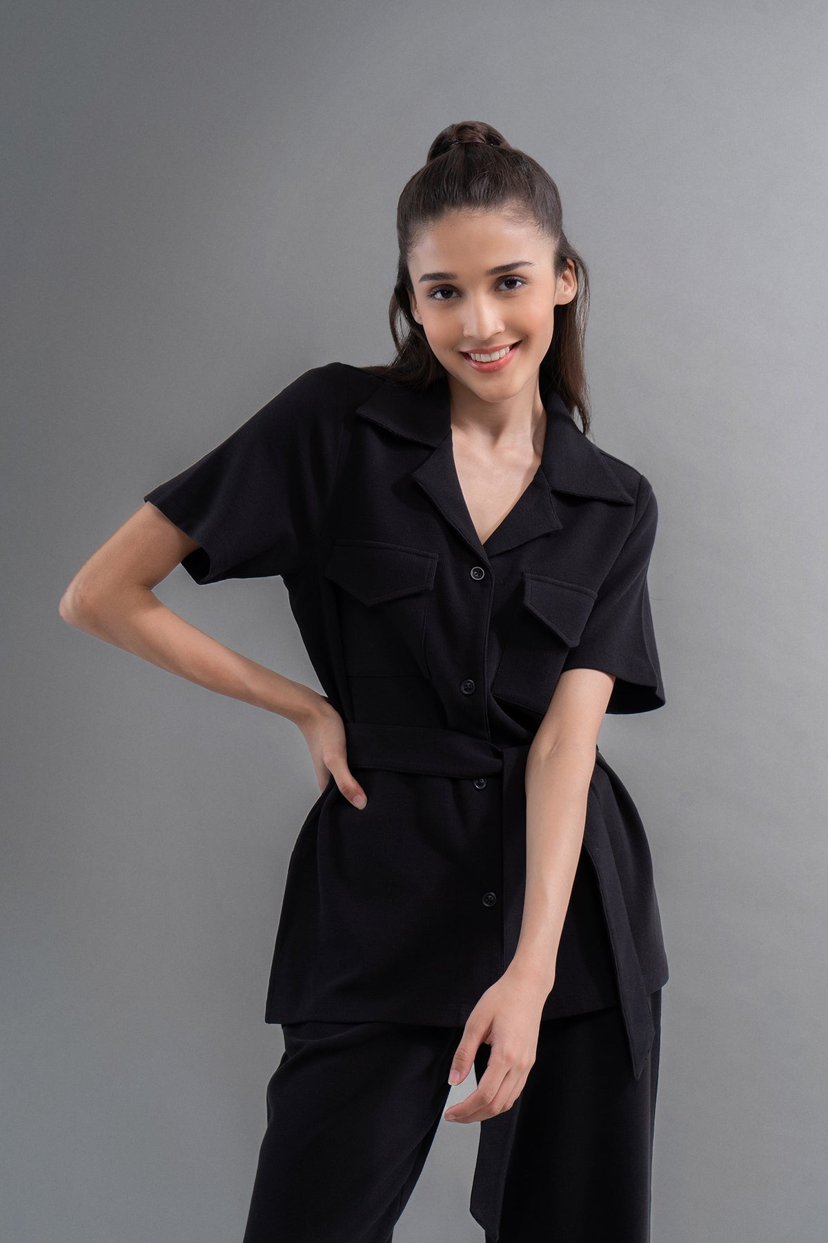 Model wearing Safari Lushknit® 2.0 Black Shirt posing confidently.