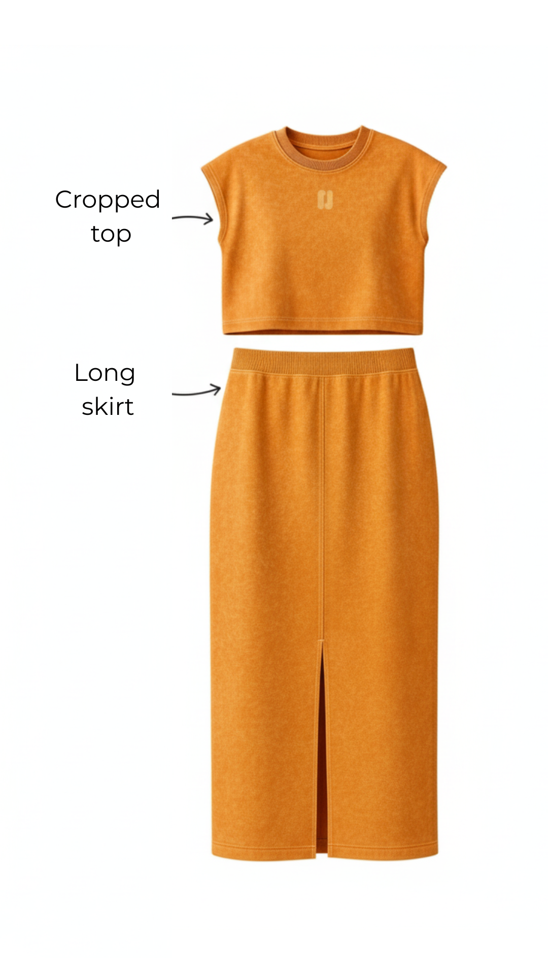 Orange acid wash reverse terry skirt coord set