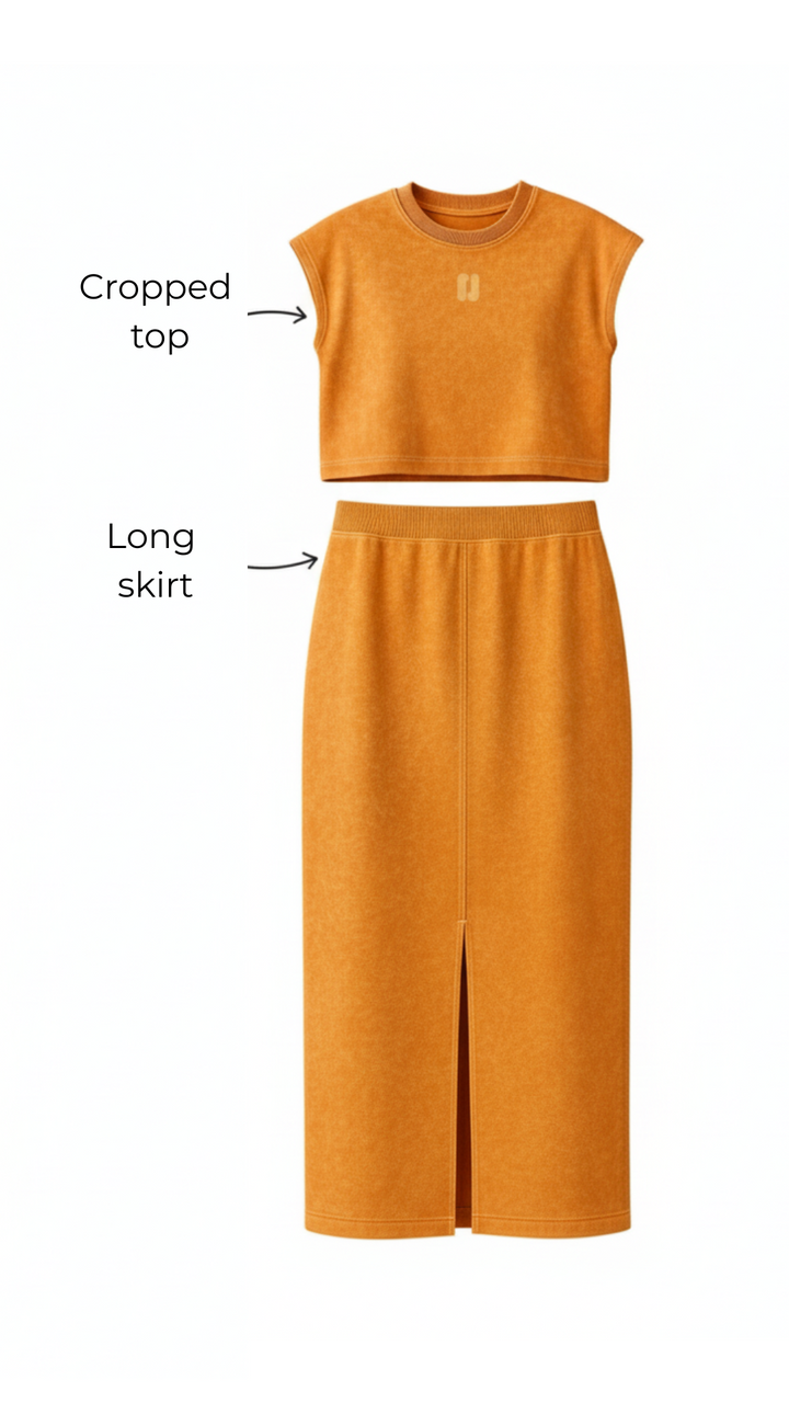 Orange acid wash reverse terry skirt coord set
