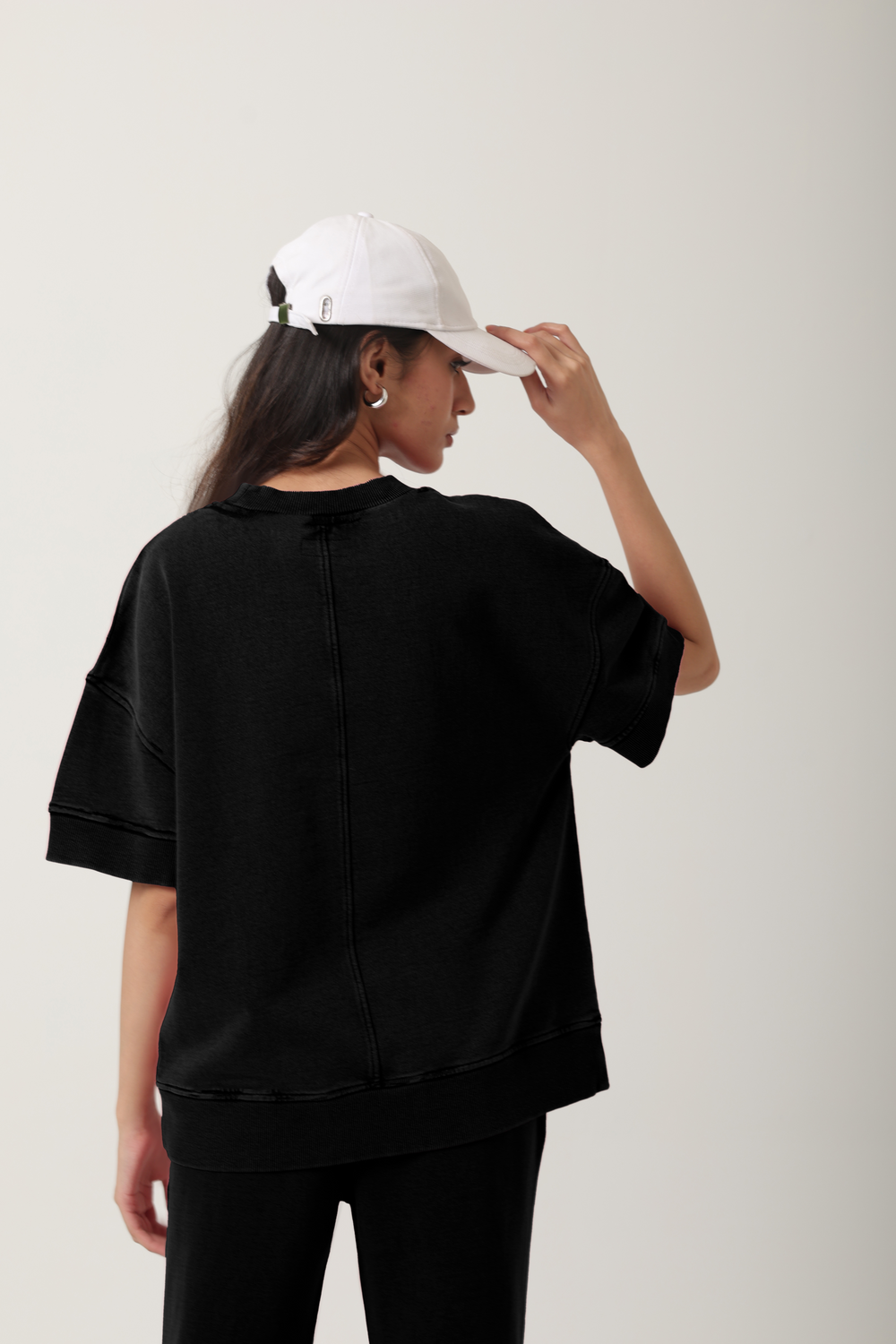 Black Cotton Terry Short Sleeve Sweatshirt