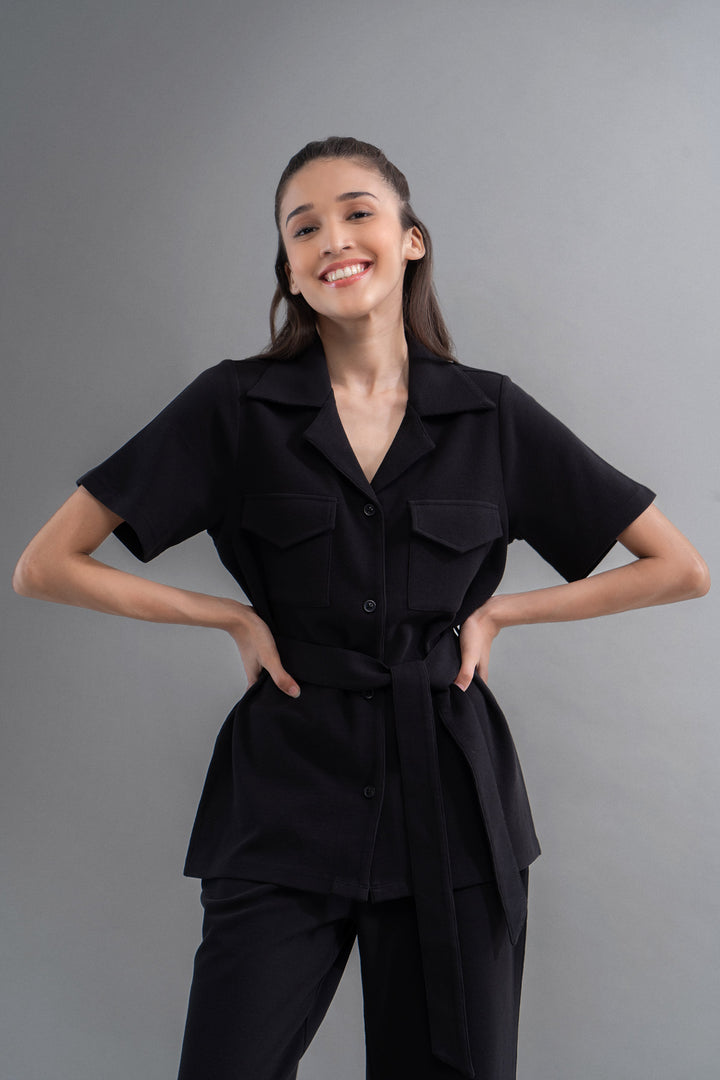 Model wearing Safari Lushknit® 2.0 Black Shirt with stylish details.
