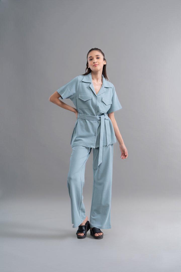 Model wearing Safari Lushknit® 2.0 Set in soft blue.