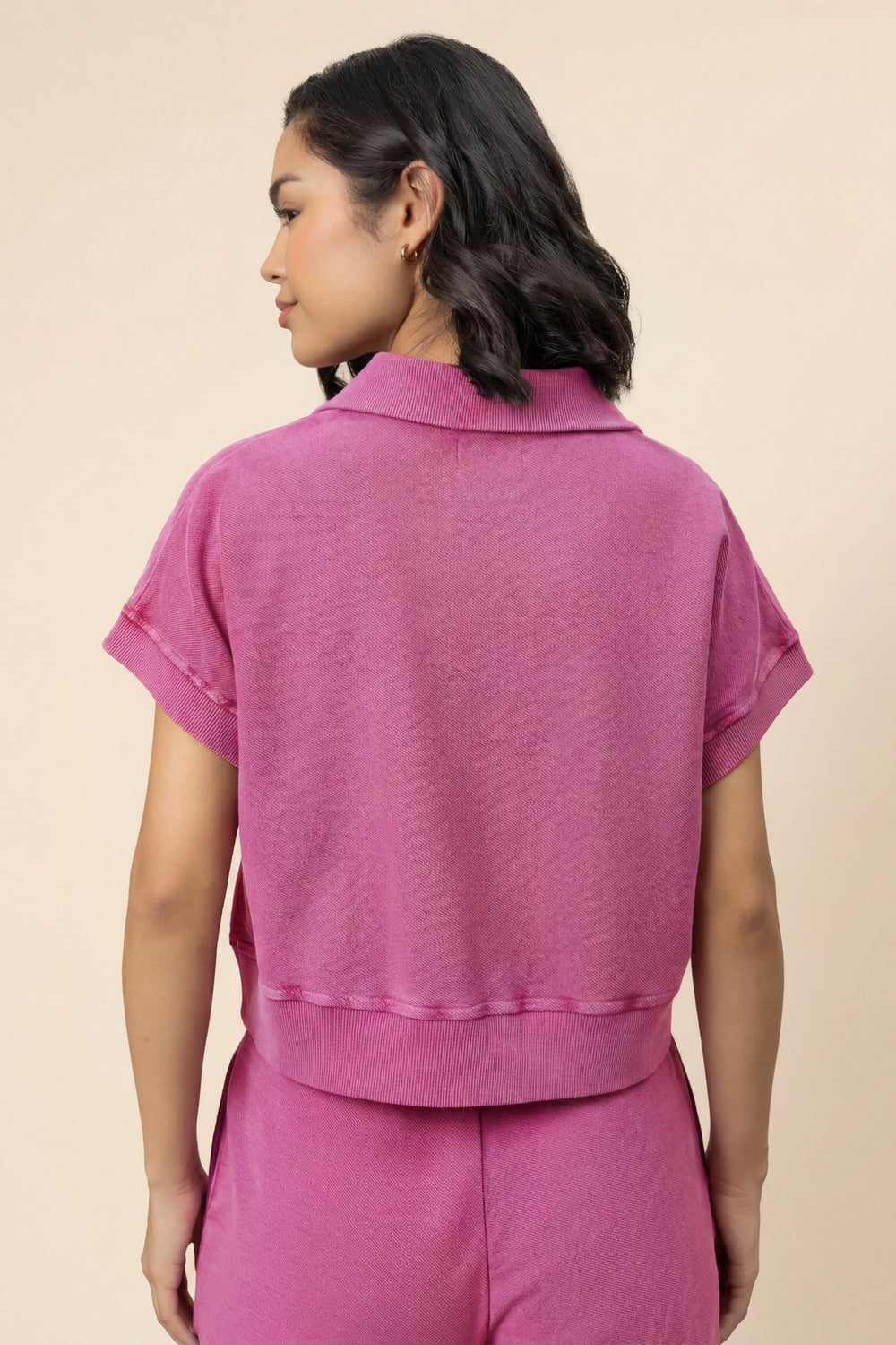Pop Pink Reverse Terry Cropped Polo