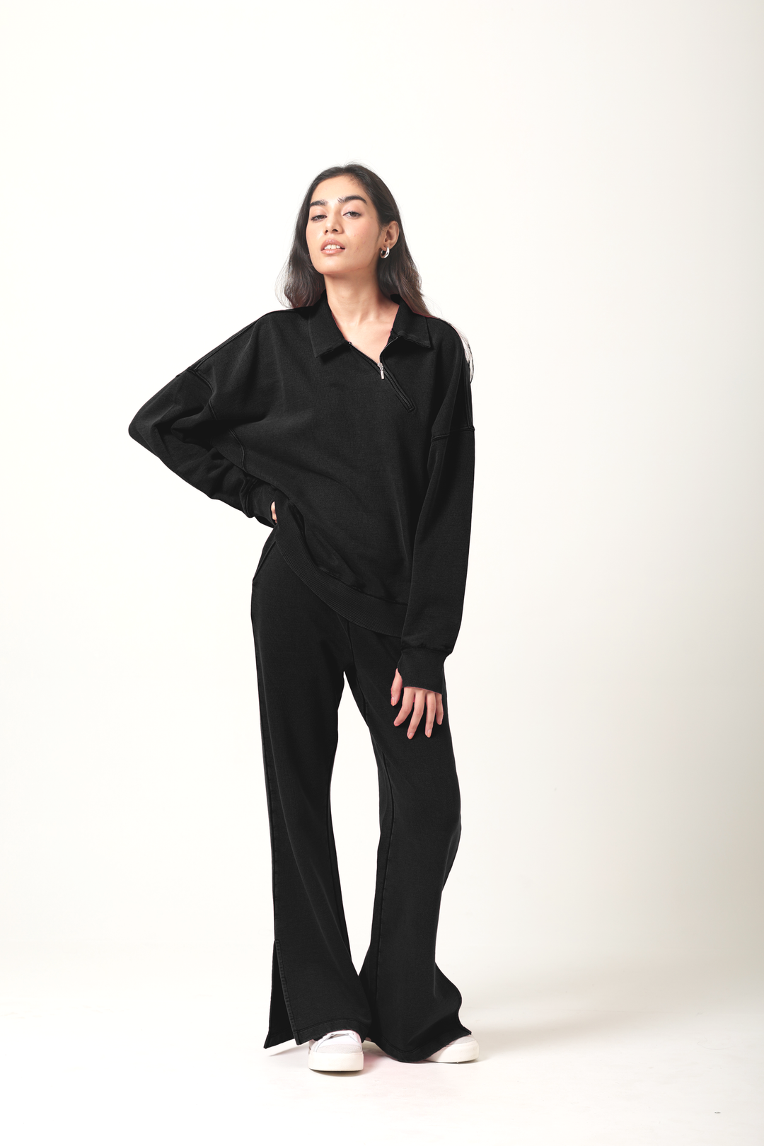 100% Cotton Terry Black Diagonal Zipper Polo