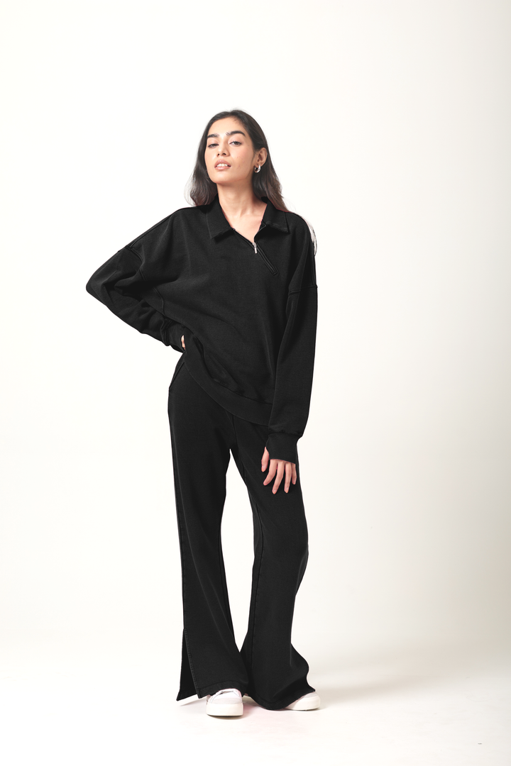 100% Cotton Terry Black Diagonal Zipper Polo