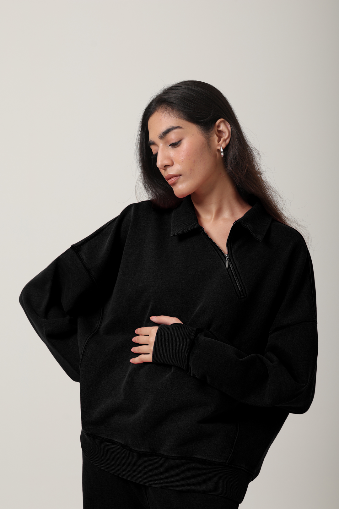 100% Cotton Terry Black Diagonal Zipper Polo