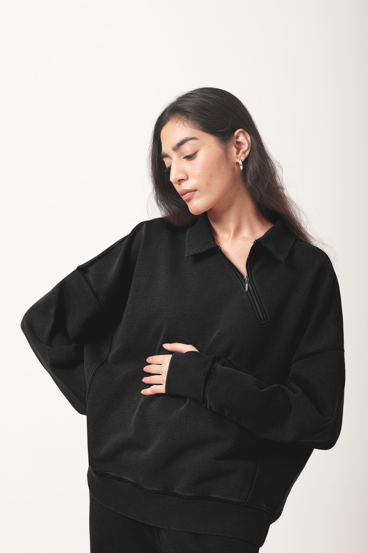 100% Cotton Terry Black Diagonal Zipper Polo