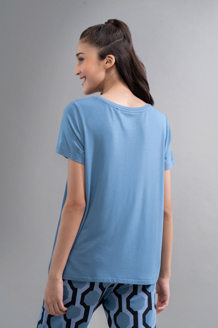 Blue modal round neck top, casual wear for women.