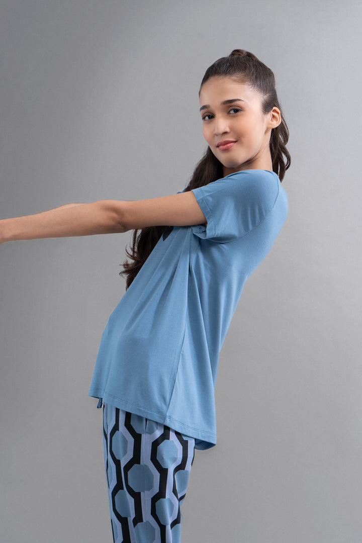 Q Heart Modal Round Neck Top worn by model in blue color.