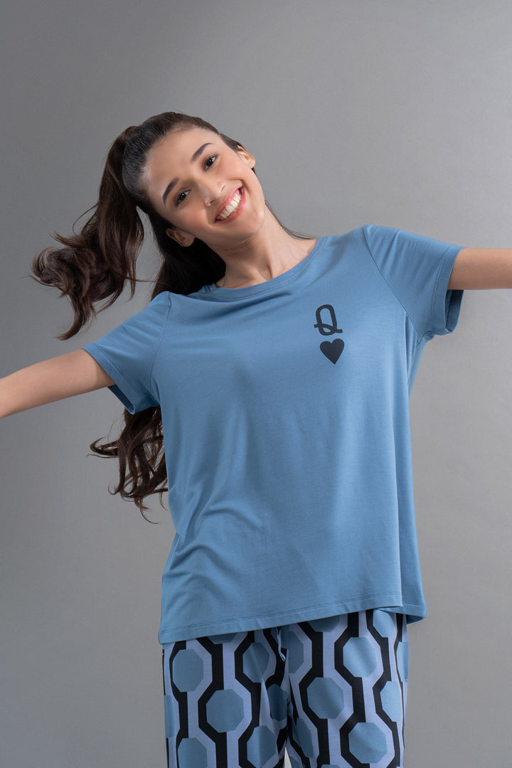 Q Heart Modal Round Neck Top on a smiling model, stylish and comfortable.
