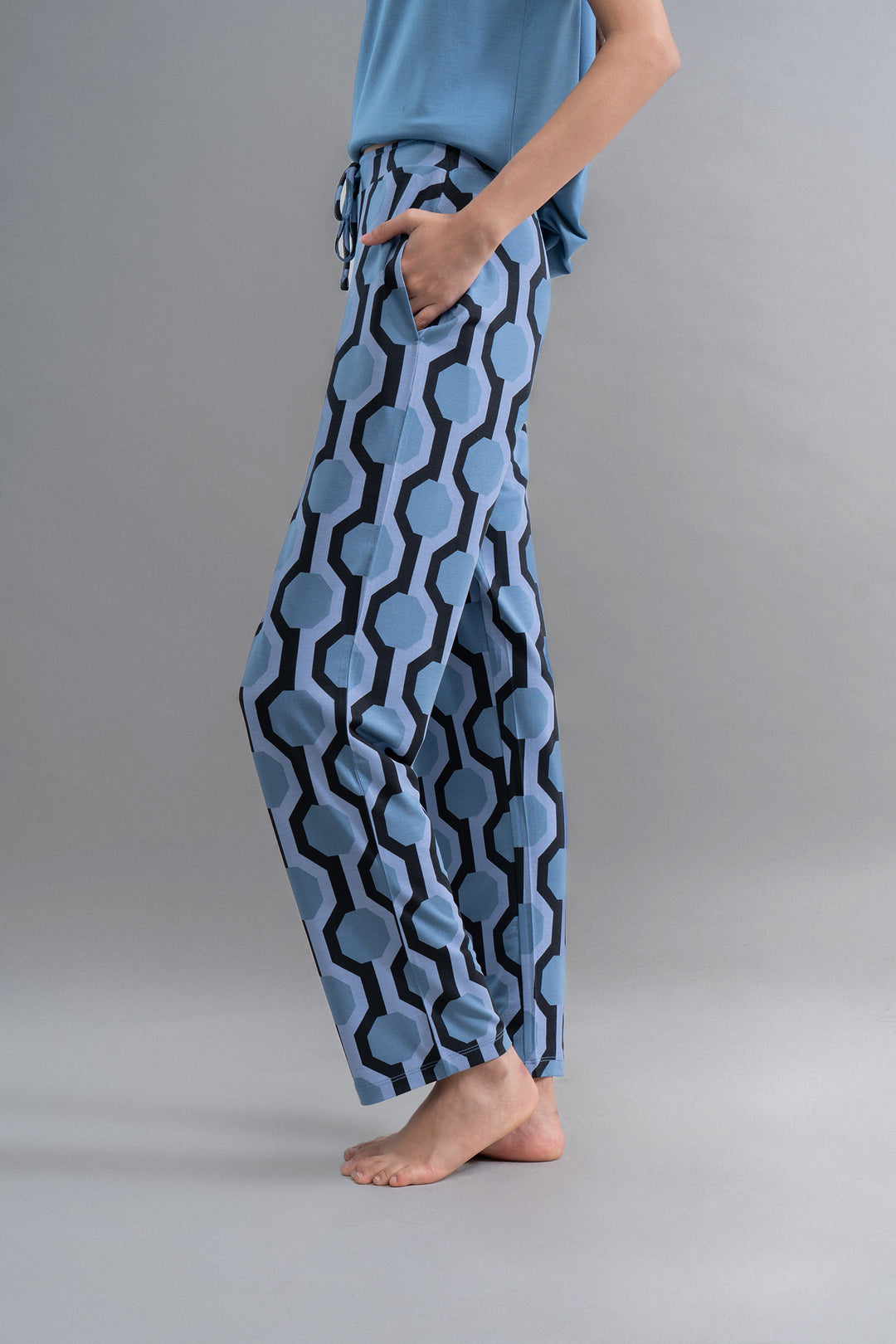 Midnight blue geometric modal pajamas with pockets and lightweight design.