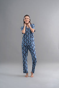 Midnight Blue Geometric Dream Pajama Set for comfortable sleepwear.