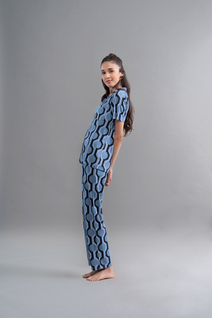 Hawai button down printed half sleeve pajama set in blue pattern.