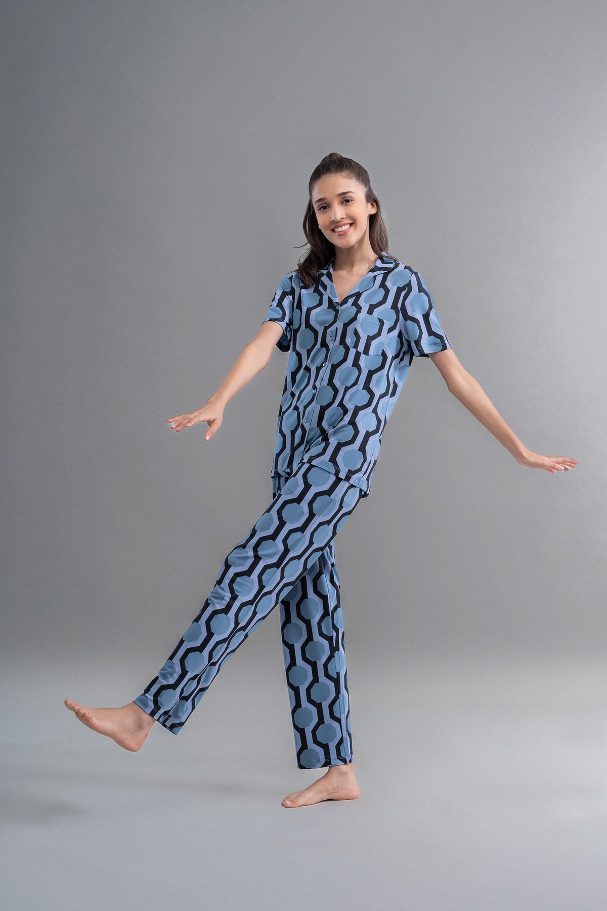 Midnight blue geometric button-down shirt with half sleeves for stylish comfort.