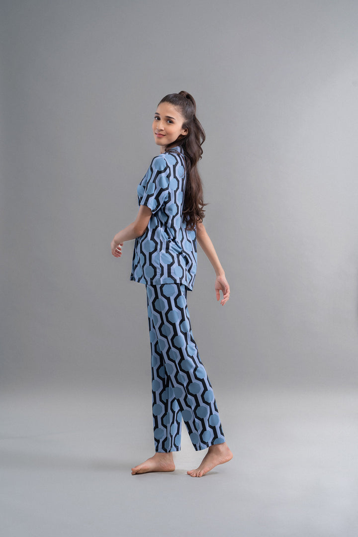 Midnight Blue Geometric Dream Pajama Set model showcasing stylish design.