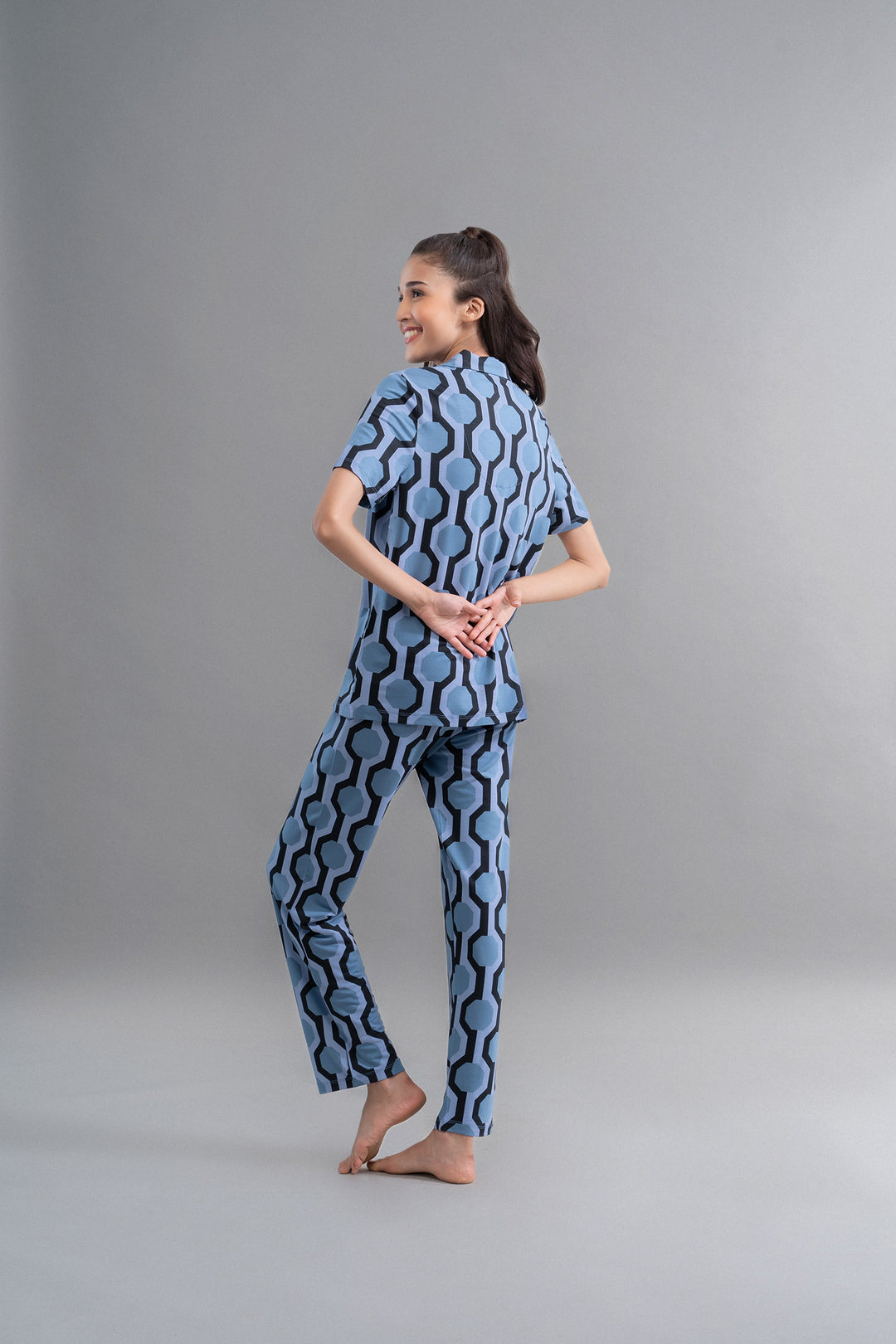 Stylish Midnight Blue Geometric Pajama Set for ultimate comfort.