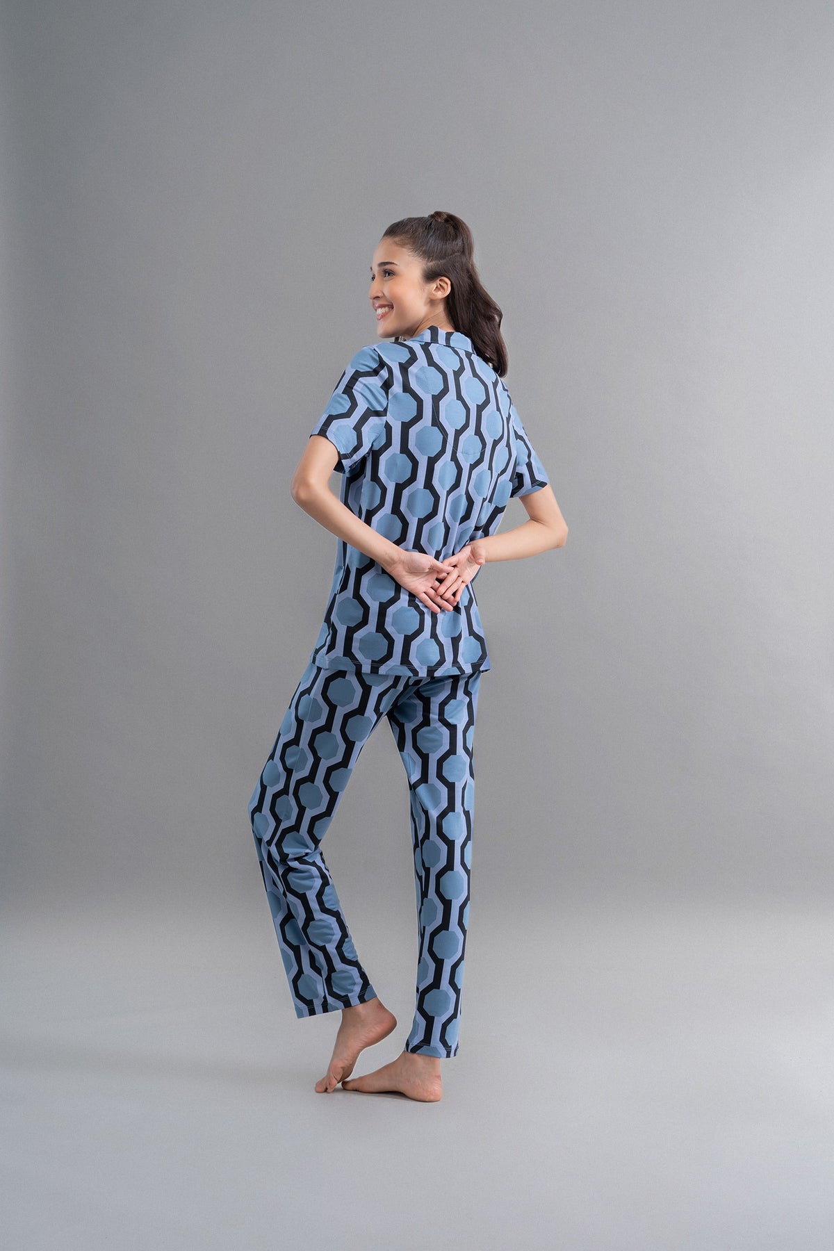 Midnight blue geometric modal half sleeve shirt for women.