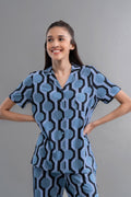 Midnight Blue Geometric Modal Button Down Half Sleeve Shirt