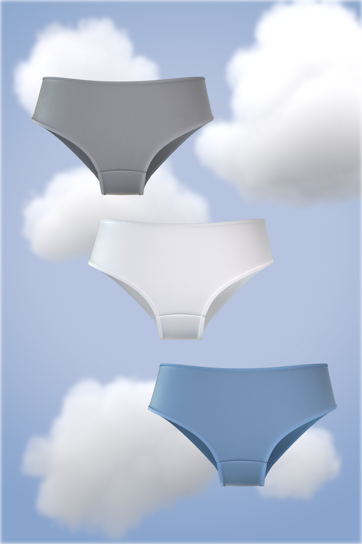 Set of three briefs in grey, white, and blue colors.