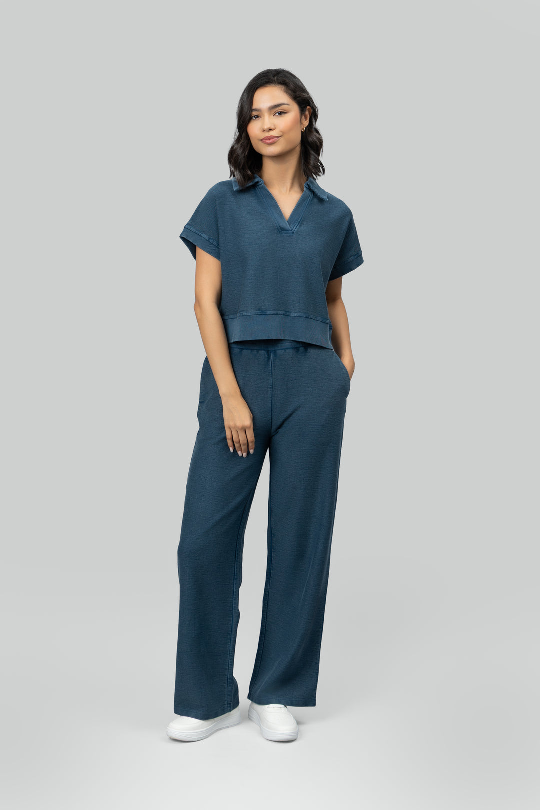 Blue Textured Terry Polo Set
