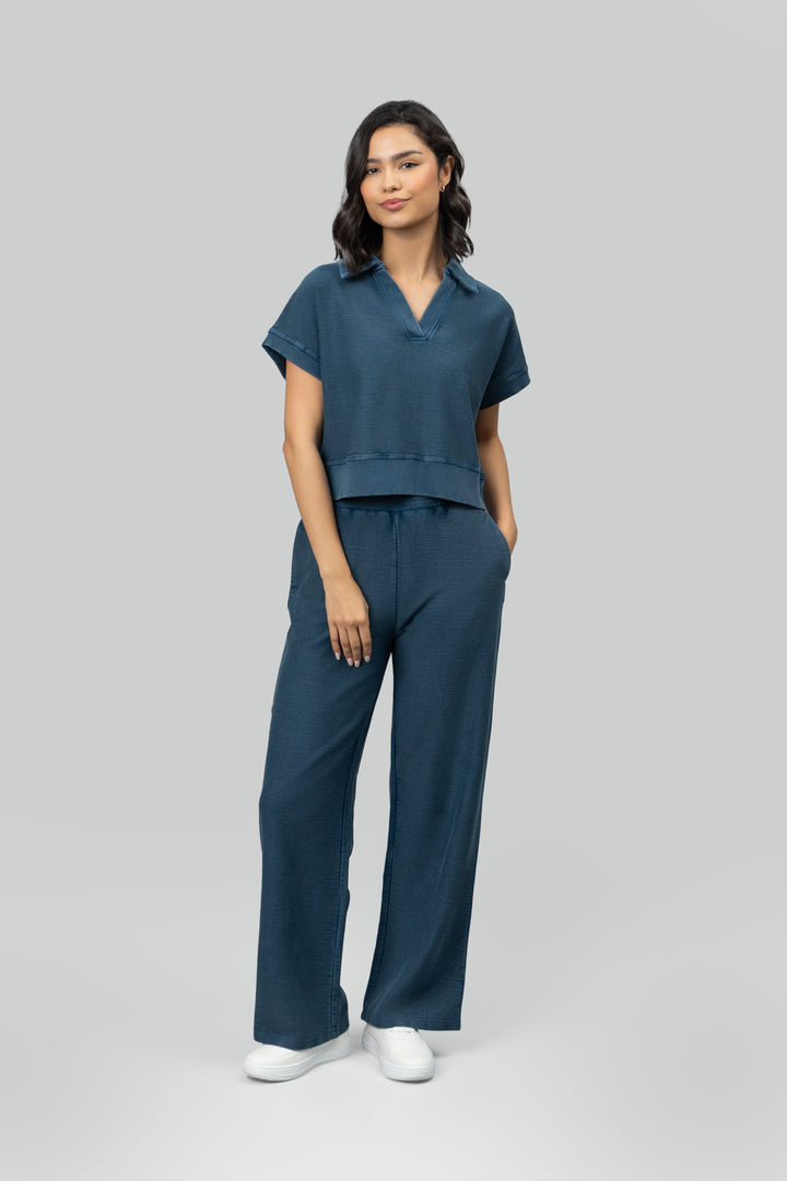 Blue Textured Terry Polo Set