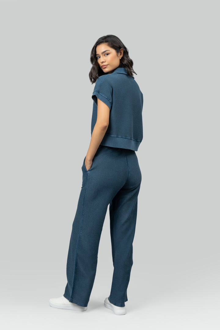 Blue Textured Terry Polo Set