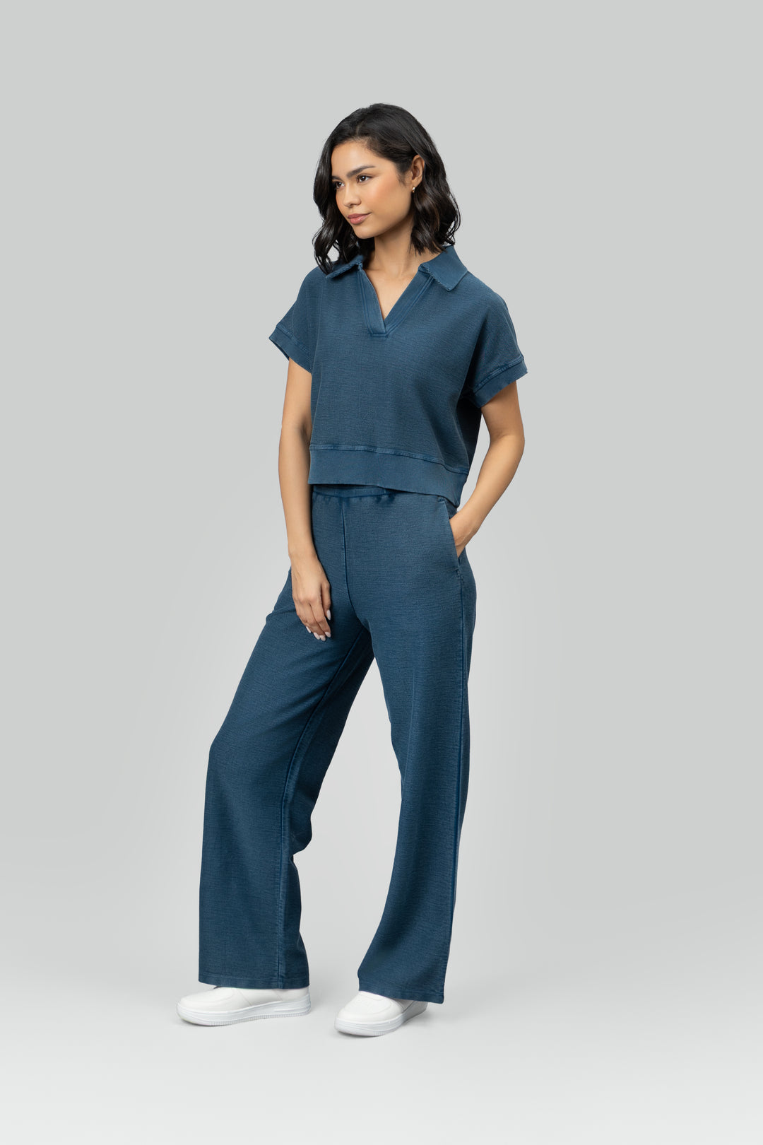 Blue Textured Terry Polo Set