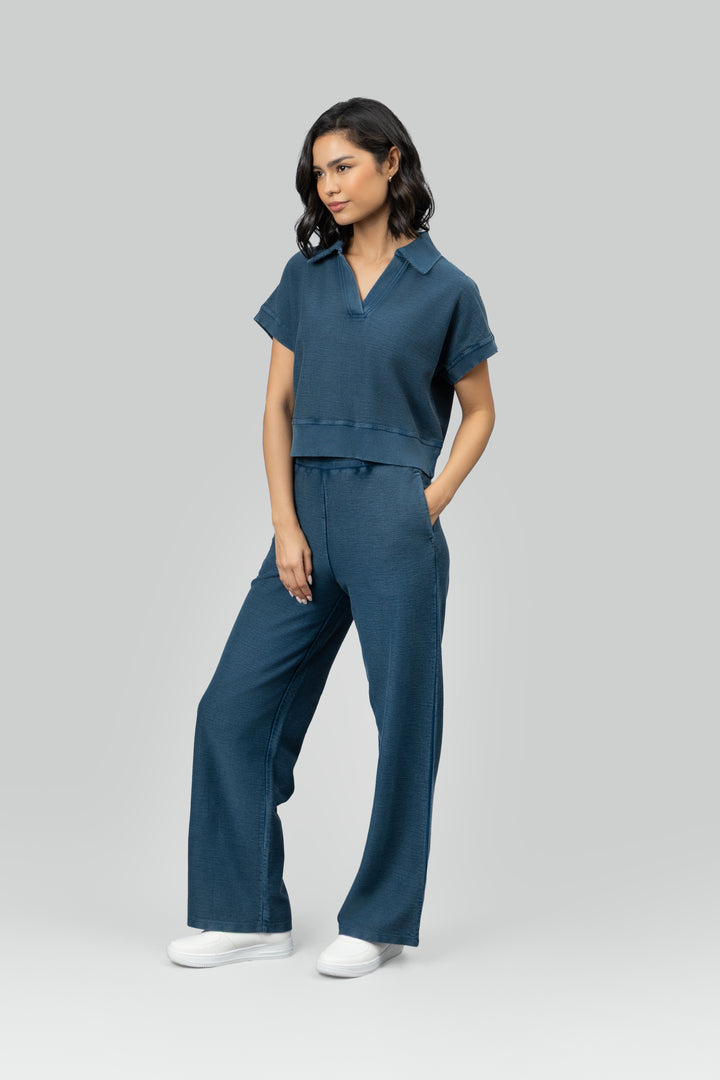Blue Textured Terry Polo Set