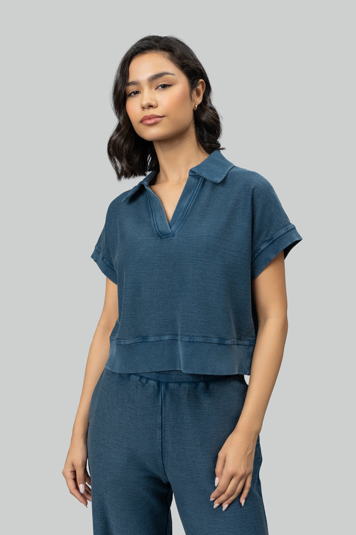Blue Textured Terry Polo Set