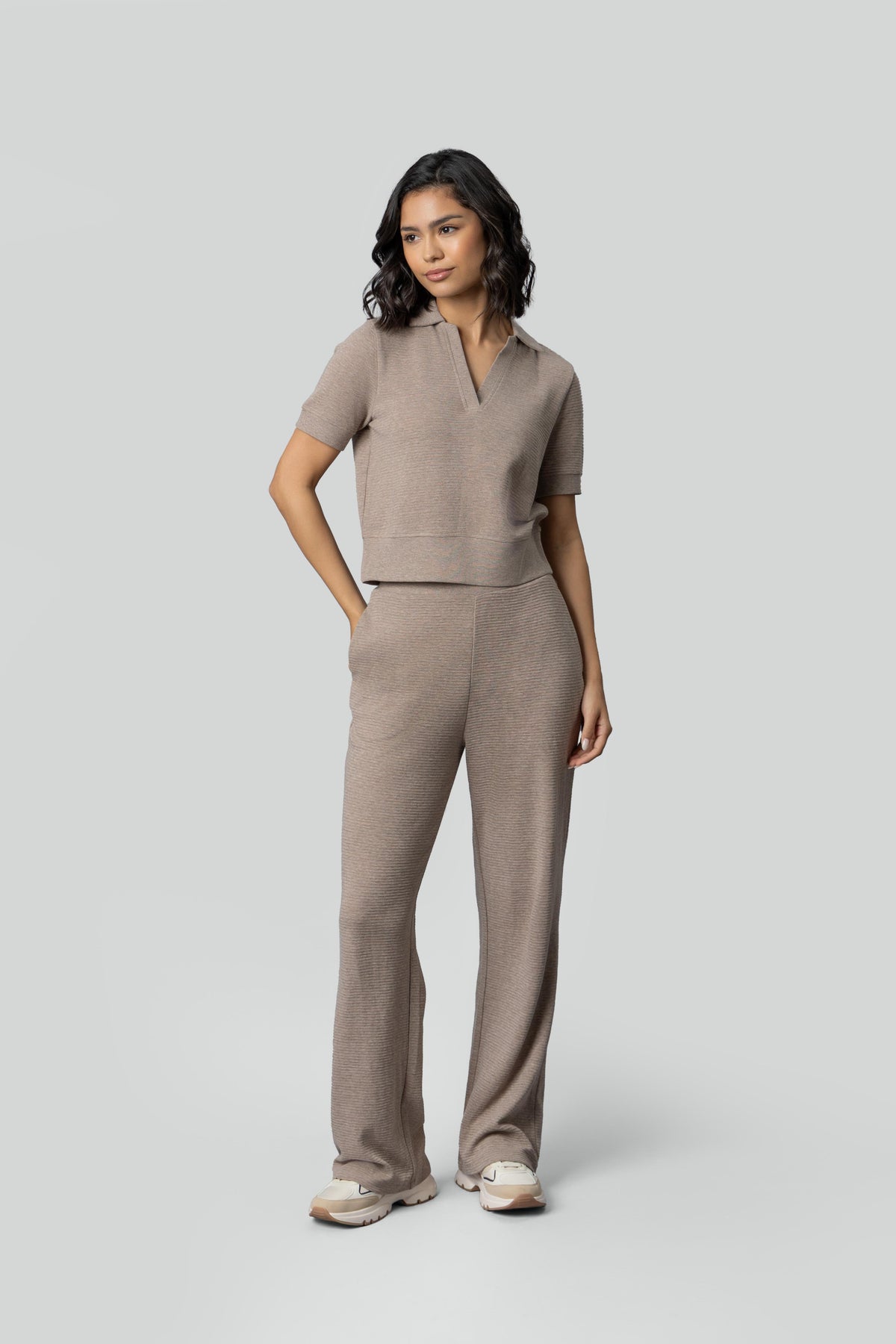 Beige Ottoman Rib Polo Set